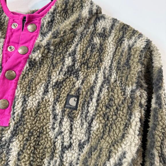 Carhartt Girls Camo Fleece Hoodie Sweatshirt Sherpa Green Pink Large Pullover - Picture 3 of 7